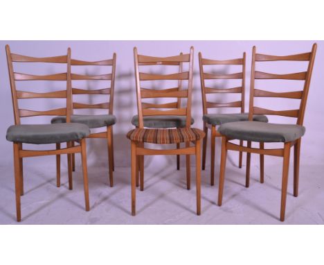 MFI - A good set of retro mid 20th Century Danish teak ladder back dining chairs raised on tapering support shaving green sea