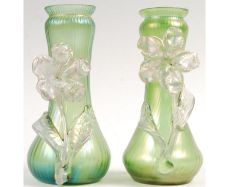 Kralik - A pair of early 20th Century Czech Bohemian Art Nouveau studio art glass Loetz type vases having a ribbed iridescent