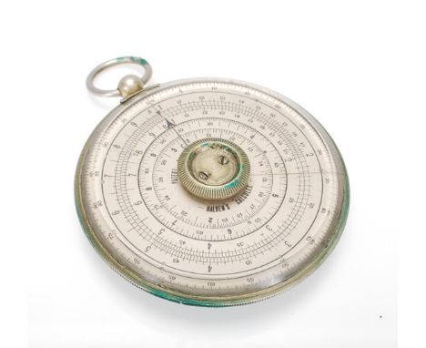 A vintage Halden Calculex circular slide rule with suspension loop to the top, set within a leather case with original instru