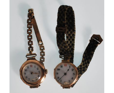 Two early 20th Century enamel faced 9ct gold ladies cocktail watches, each with Arabic numerals, one set to a rolled gold bra