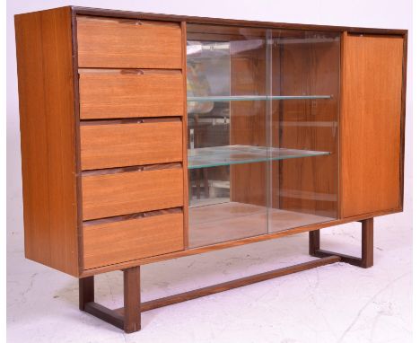 A vintage retro mid 20th century teak wood sideboard display cabinet having a central display cabinet with glazed shelves and