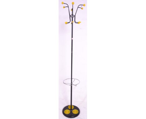 A vintage 20th Century sputnik hall coat stand having a central tubular column centre with umbrella stand and round drip tray