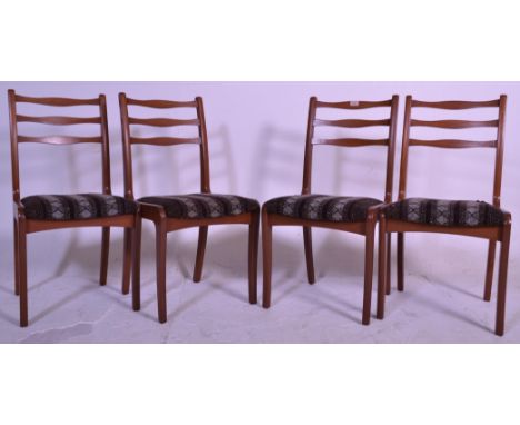 A good set of retro 20th Century teak wood ladder back dining chairs having three strut support backrest with fabric seat pad