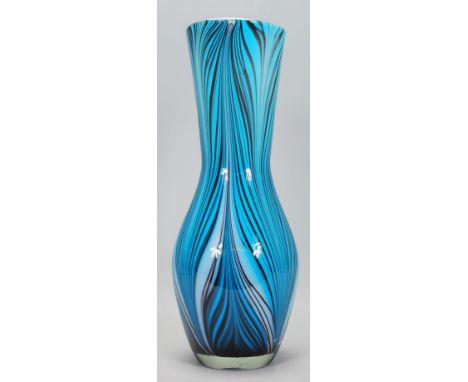 A vintage retro 20th Century glass vase of&nbsp;rounded body form with tapering hourglass neck having blue / purple and white