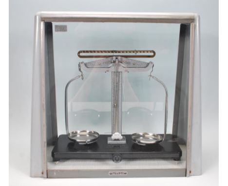 A set of 20th Century Griffin and George scientific balance scales, marked Duorider no. 891237 &amp; 891238, set within their