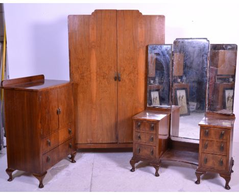 An early 20th Century 1930's Art Deco walnut bedroom suite,&nbsp;consisting of a single twin door bachelors wardrobe with fit