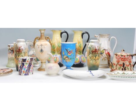 A selection mix ceramics dating from the 19th Century to include an English Jug being hand coloured depicting Chinese elders 