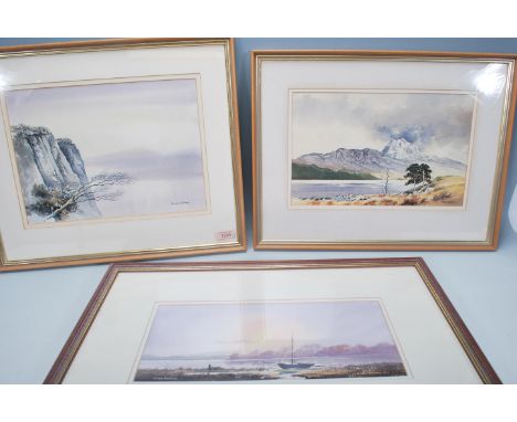 David Bellamy - A group of three watercolour landscape paintings on paper to include one depicting a cliff side, a lakeside s