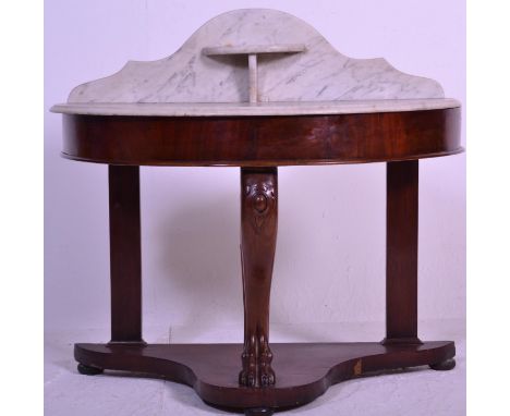 A Victorian 19th century mahogany and marble washstand / console table. Raised on cabriole single hoof leg front and centre w