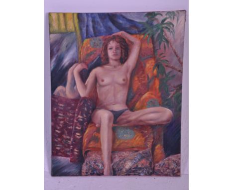 A 20th century amateur oil on board portrait painting nude study of a female in an abstract manner. Unsigned and unframed. me