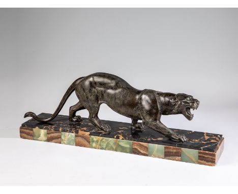   Irénée René Rochard  1906 Villefranche-sur-Saone - 1924 Paris Schleichender Panther. Metallguß, schwarz-silber patiniert, a