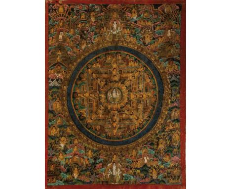   Mandala Thangka Avalokiteshvara  Tibet, wohl 19. Jahrhundert Im Zentrum achtarmige Gottheit mit sieben Köpfen umgeben von B