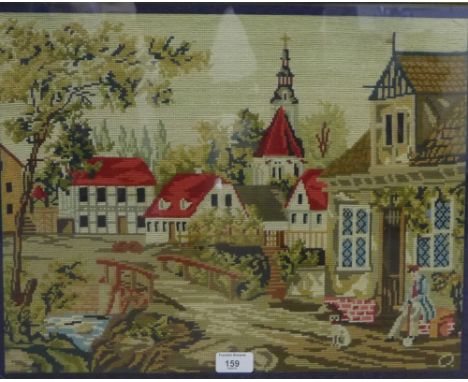 Gilt framed tapestry of a village square, 50 x 40cm 