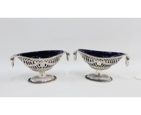 A pair of Victorian silver salts by Israel Sigmund Greenberg, Birmingham 1898, in the Adam Revival style, the navette body pi