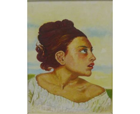 20th Century School  'Head and Shoulders Portrait of a Young Woman with Hair tied up' Oil-on-Board, apparently unsigned, fram