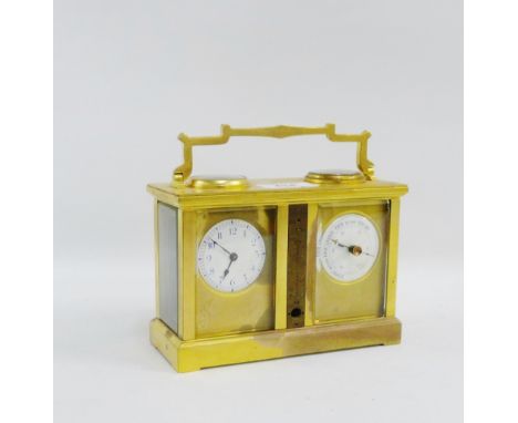 Brass cased clock and barometer with compass to top, 16.5 x 11cm excluding handle