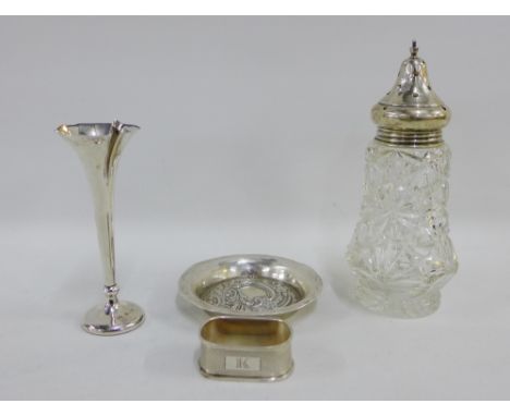 Birmingham silver items to include a solifleur vase, napkin ring, silver topped and glass sugar castor together with a Cheste