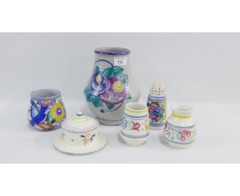 Poole pottery to include a vase, three smaller, a sugar castor and a butter dish and cover, tallest 21cm,  (6) 