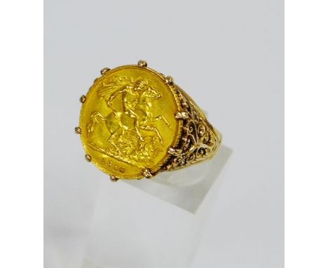 George V 1914 gold half sovereign  in a 9 carat gold mount, UK ring size O