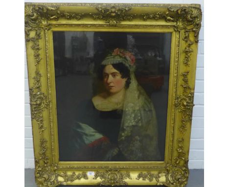 'Head and Shoulders Portrait of a Woman in a Lace Shawl wearing a Pearl Necklace' Oil-on-Canvas, apparently unsigned,  in a g