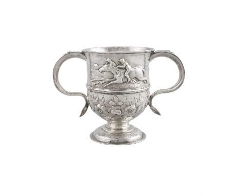 A GEORGE III SILVER TWO HANDLED CUPLondon c 1775, makers mark of William Cripps, decorated with horse racing motif, a vacant 