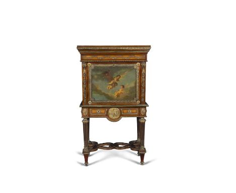 A LOUIS SEIZE STYLE ORMOLU MOUNTED FRUITWOOD AND PAINTED FALL-FRONT SECRETAIRE À ABATTANT, with architectural pediment and fr