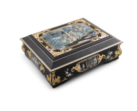 A FINE JAPANESE LACQUERWARE BOX/CASKET, 19TH CENTURY, *inlaid with mother-of-pearl, ivory and gold, the hinged lid, sides and