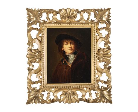 AFTER REMBRANDT, 19TH CENTURY Self portrait of the artist Oil on board, 22 x 17cm Florentine frame: 38 x 33cm