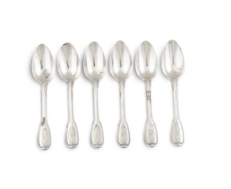 A SET OF SIX GEORGE III FIDDLE AND THREAD PATTERN TEA SPOONS, London c.1812, mark of Paul Storr, initialled. (11.8 troy ozs)
