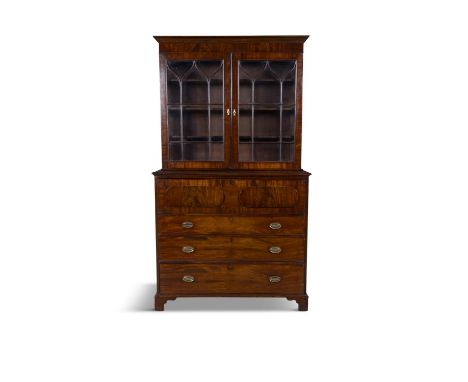 A GEORGE IV MAHOGANY SECRETAIRE BOOKCASE, the moulded cornice above twin astragal glazed panel doors, enclosing a shelved int
