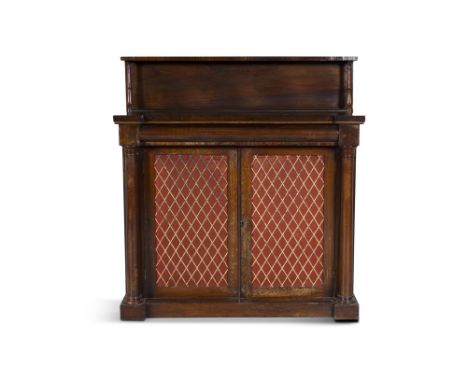 AN EARLY VICTORIAN MAHOGANY AND BRASS MOUNTED CHIFFONIER, 127cm high, 117cm wide, 42cm deep