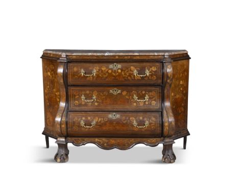 A DUTCH WALNUT AND MARQUETRY COMMODE, the shaped marble top above three graduated drawers on hairy-paw feet, 96cm high, 128cm