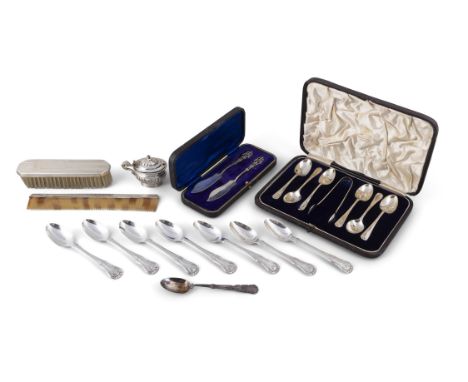A COLLECTION OF SILVER, comprising a cased set of Hanoverian pattern coffee spoons with tongs, seven Scottish Queen's pattern