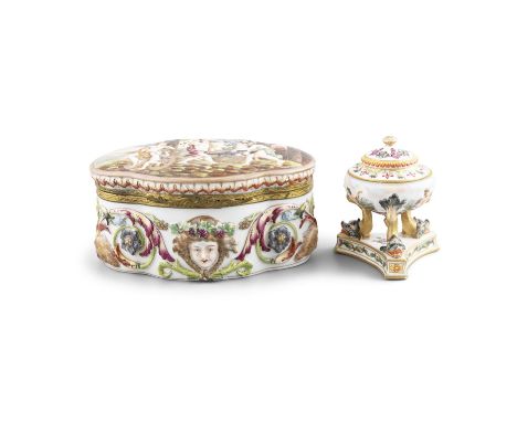A CAPODIMONTE PORCELAIN TABLE BOX AND COVER,with hinged lid featuring an oval cartouche relief depicting Venus and Cupid befo
