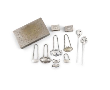 A COLLECTION COMPRISING, - A pair of sterling silver matchbox holders- Seven decanter labels 2 x rum 2 x whisky 1 x whiskey  