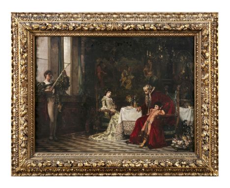 ATTRIBUTED TO FERDINAND SCHNEIDER (1814-1897)  Interior scene with family enjoying lute music Signed lower left Oil on canvas