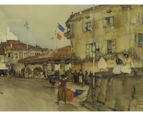 William Russell Flint RA ROI (1880-1969); coloured lithograph Le Quatorze Juillet, signed with gallery blind stamp, 49 x 64 c