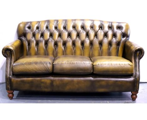 Brown leather three seater sofa by Thomas Lloyd. No visible tears or damages, would benefit from a clean. Not available for i