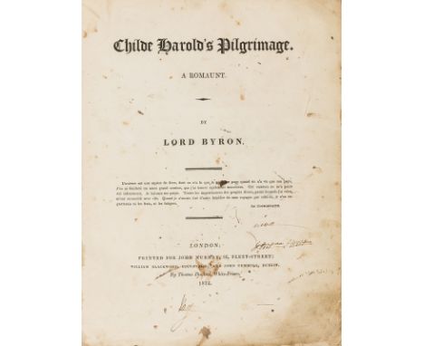 NO RESERVE Byron (George Gordon Noel, Lord) Childe Harold's Pilgrimage. A Romaunt, [Cantos I &amp; II], first edition, [one o