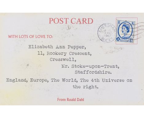 Dahl (Roald, children's author, 1916-1990) Typed Postcard signed to Elizabeth Ann Pepper, on a printed letterhead postcard, G