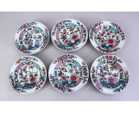 SIX 19TH CENTURY CHINESE FAMILLE ROSE PORCELAIN DISHES, each decorated with enamel floral display, 16.5cm