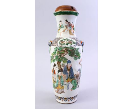 A 18TH / 19TH CENTURY CHINESE FAMILLE VERTE PORCELAIN VASE / LAMP, the body of the vase decorated with scenes of figures in l