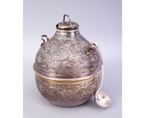 A GOOD 19TH CENTURY IRANIAN / ISLAMIC SILVER TEA CADDY WITH SPOON, the body of the caddy carved with formal floral motif, the