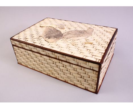 A GOOD JAPANESE MEIJI PERIOD CARVED IVORY BASKET WEAVE LIDDED QUAIL BOX, the hardwood lined box carved to simulate basket wea