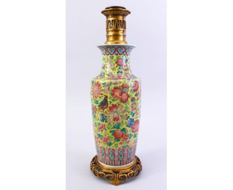 A 19TH CENTURY CHINESE FAMILLE JAUNE / ROSE PORCELAIN LANTERN VASE, fitted once for a lamp, the body decorated with birds, fr