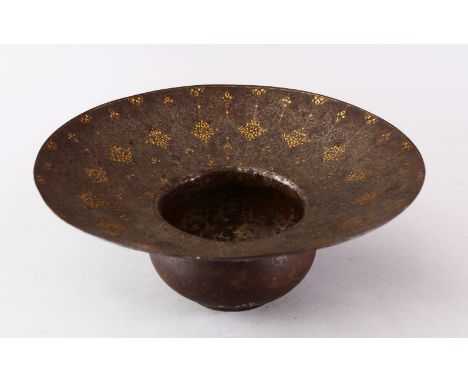 A 19TH CENTURY PERSIAN QAJAR GOLD INLAID CHISELED STEEL BASIN, with carved floral decoration, 30cm diameter,