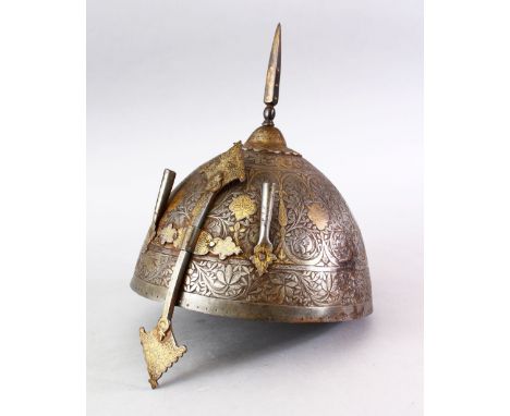 A 19TH CENTURY INDO PERSIAN GOLD &amp; SILVER INLAID STEEL HELMET, decorated with carved formal floral decoration with gold a