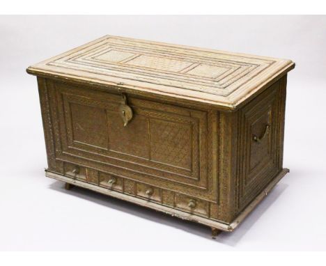 A SUPERB 19TH CENTURY OR EARLIER BRASS OVERLAID CAMPHOR WOOD CEREMONIAL TRUNK, 60cm high, 98cm wide, 57cm deep.