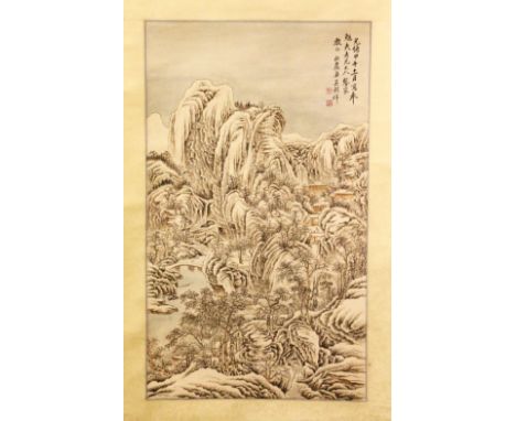 A GOOD CHINESE PAINTED HANGING SCROLL OF A LANDSCAPE - SIGNED WU GU XIANG, the painted scroll depicting the scenes of a nativ