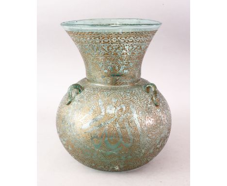 A LARGE 18TH /19TH CENTURY GLASS AND GILDED CALLIGRAPHY MOSQUE LAMP, decorated with gilt and with calligraphy around border d